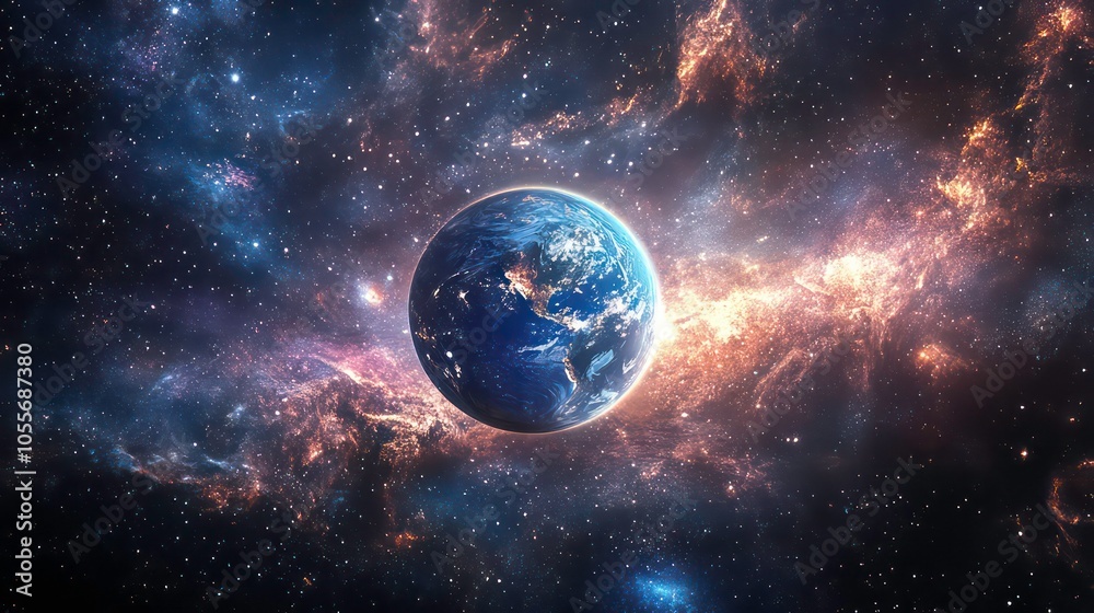 Poster a stunning view of earth surrounded by vibrant cosmic elements in deep space.