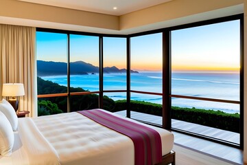 Fototapeta premium Modern hotel room with comfortable king-size bed, elegant wooden furniture, and ocean views at sunset from the windows.