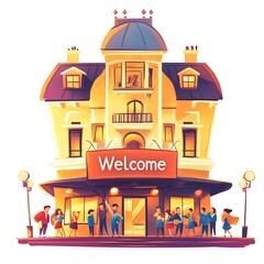 Cartoon hotel building with a "Welcome" sign and smiling guests on a white background.