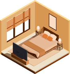 isometric bedroom with furniture and tv, vector illustration