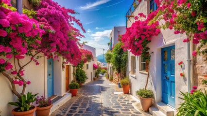 Beautiful street in Santorini, Greece with vibrant flowers blooming outdoors , Santorini, Greece, beautiful, street