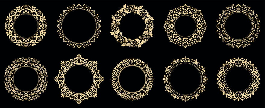 Set of decorative frames Elegant vector element for design in Eastern style, place for text. Floral black and golden borders. Lace illustration for invitations and greeting cards