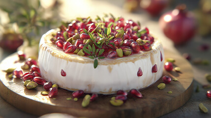 Vibrant Camembert Cheese with Pomegranate and Pistachio Garnish &ndash; Festive Food Photography Highlighting Fresh Ingredients and Rich Colors, Perfect for Holiday and Culinary Art