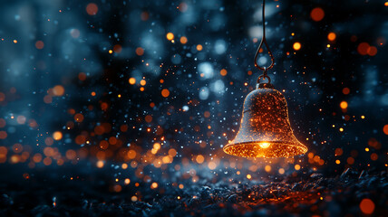 Minimalistic outline of a festive Christmas bell hanging in a winter wonderland at night