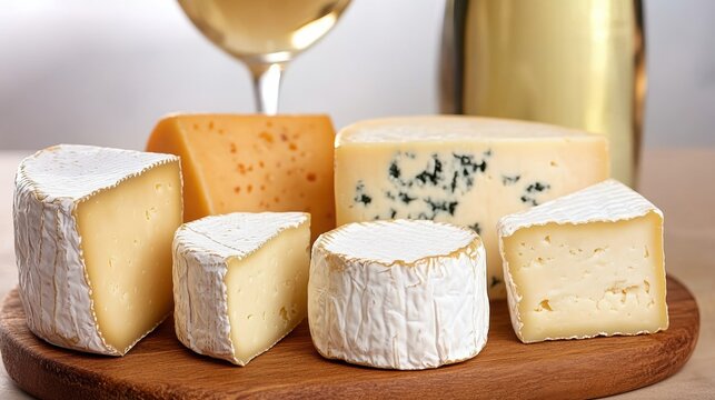 Assorted gourmet cheeses on a wooden board with a glass of white wine in the background, AI