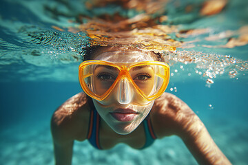 Fototapeta premium young woman in mask swimming underwater with copy space.