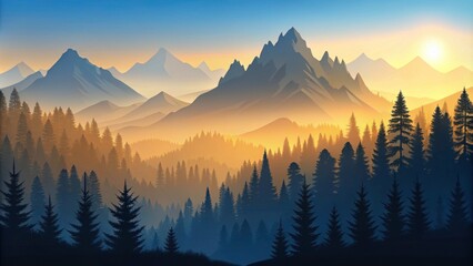 Obraz premium Landscape in the mountains with silhouettes of trees and peaks, perfect for travel and adventure themes, mountains, forest