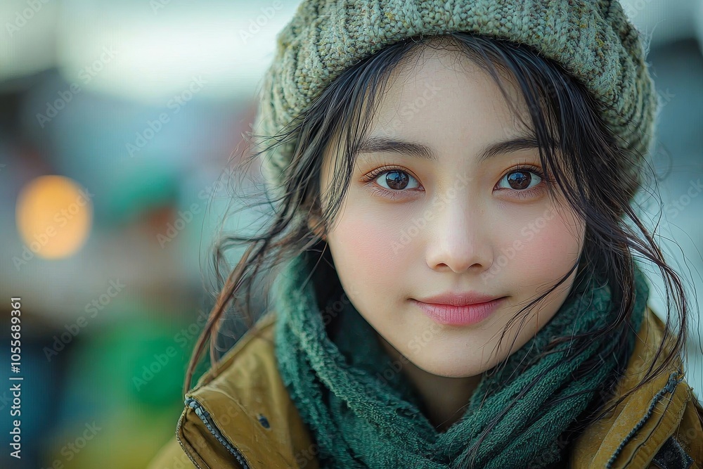 Poster young woman in cozy winter attire smiling outdoors