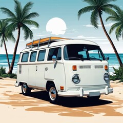 Summer vacation concept entertainment during travel. Vintage gray minibus, minivan retro bus, against the backdrop of the sea and palm trees in the rays of the setting sun, vintage illustration