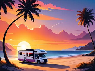 Embark on a Scenic RV Adventure amidst the Majestic Mountains and Flourishing Landscapes. Vintage Cartoon Illustration of a Retro Camper Minibus by the Sea: Summer Vacation Concept with Palm Trees