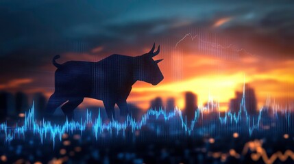 A bull silhouette against a sunset, with a stock market graph overlay.