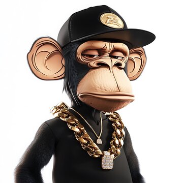 Cartoon monkey with a sideways cap and gold chain rapping on a white background.