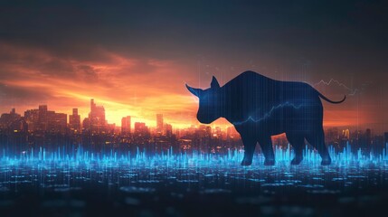 A bull silhouette against a city skyline with digital sound waves, symbolizing market trends.