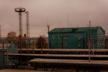 blue houses at the railway station