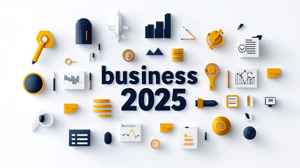 Business plan for 2025 with modern graphics and icons, featuring charts, documents, and tools for strategic planning. clean and professional layout