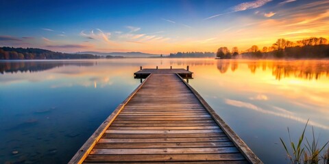 Fototapeta premium Wooden pier on calm lake at sunrise, pier, wooden, calm, lake, sunrise, tranquil, peaceful, natural, serene, reflection, water