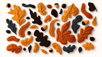 Naklejka premium Abstract autumn-themed pattern featuring various colorful leaves and acorns in a flat, artistic style.