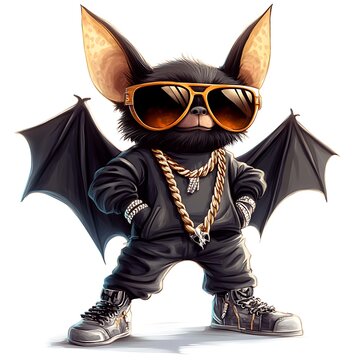 Cartoon bat in hip-hop gear, wearing sunglasses and a chain on a white background.