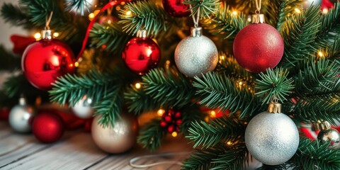 A variety of colorful Christmas ornaments scattered on a rustic wooden table, cheerful, decor