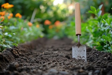 Gardening tools resting in freshly tilled soil surrounded by vibrant flowers in a sunny garden