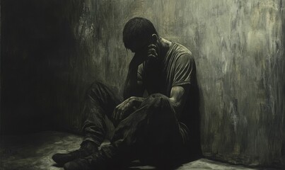 A man sits slumped against a wall.