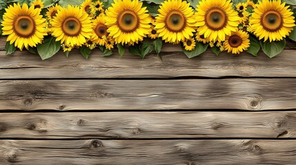 Obraz premium Vibrant sunflowers displayed against a rustic wooden background, providing ample copy space for text or design elements. This arrangement highlights the natural beauty of the flowers while inviting cr