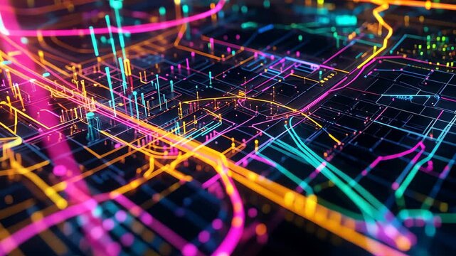 Heatmap of a city's public transit system, with vibrant colors showing the most heavily used routes and stations, cooler tones in the less crowded areas. . Video
