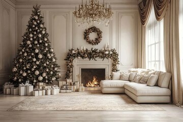 Stunning Christmas-decorated living room with large sofa, chandelier, fireplace, and beautifully adorned tree