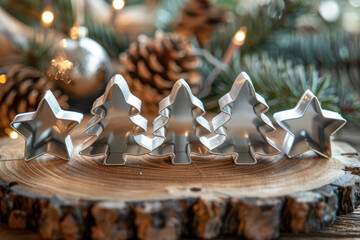 Festive cookie cutters in tree and star shapes arranged on a rustic wood slab, surrounded by...