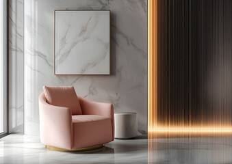 Art deco, classic style interior design of modern living room.Classic living room with armchair, coffee table. Wood details and simulated moldings create a sophisticated atmosphere.