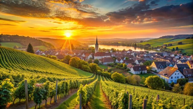 Cityscape view of Winningen, Germany at sunset overlooking grape vineyards, sunset, cityscape, Winningen, Germany