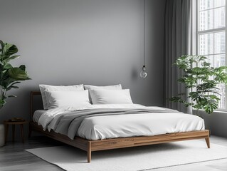 Minimalist bedroom features soft gray walls, a sleek bed frame, and simple, neutral decor