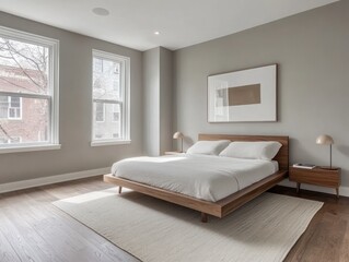 Minimalist bedroom features soft gray walls, a sleek bed frame, and simple, neutral decor