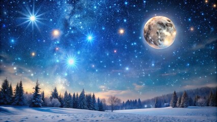 Naklejka premium Vibrant winter night sky filled with scattered stars and a full moon shining brightly , Starry, winter, night, sky, stars, moon