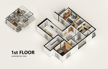 Small compact apartment isometric view 3d render