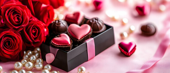 Red roses with heart chocolates and pink ribbon on black box, Valentines Day