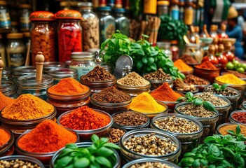 Fototapeta premium Vibrant spices and herbs market display