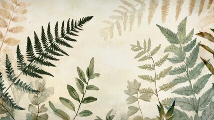 Naklejka premium stylized botanical illustrations featuring ferns and leaves in soft, muted colors, arranged elegantly on a textured paper background