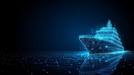 Digital Yacht Glowing Against Dark Background. Technology in the Ocean. Futuristic 3D Illustration.