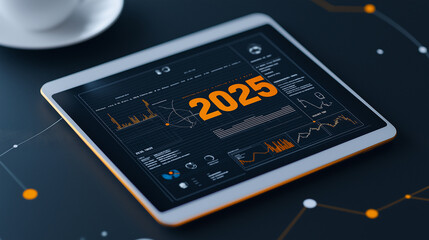 minimalistic illustration of futuristic tablet displaying data for 2025, featuring graphs and analytics in sleek design. dark background enhances modern aesthetic