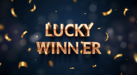 Lucky Winner text with festive graphic design elements and golden confetti background