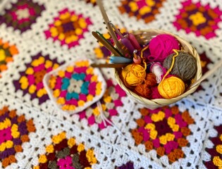 Granny square crocheted blanket with different colors motives, retro vintage craft handmade...