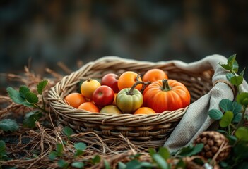 Harvest of fresh vegetables in a rustic basket
