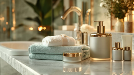 Luxurious bathroom countertop with elegant toiletries and soft towels, AI