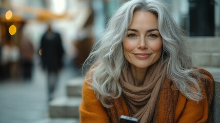 Obraz premium A beautiful woman aged 45-50, sitting on the right side of stone steps in the middle of a bustling city 