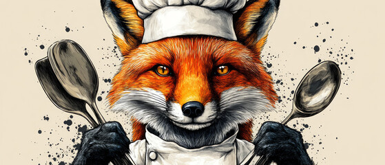 A cheerful fox dressed as a chef holds large cooking spoons, exuding enthusiasm for culinary creativity in a bright kitchen atmosphere