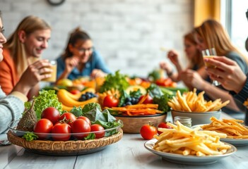 Vibrant gathering around a bountiful table of fresh foods