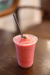 Refreshing Fresh Strawberry Smoothie on Wooden Table