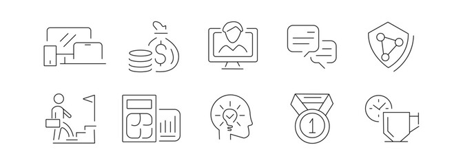 EMPLOYEE BENEFITS LINE ICON SET, Pay raise, maternity rest, health and life insurance, paid vacation, social security icons and more signs. Flat icon collection.
