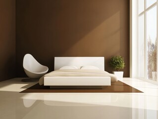 Minimalist women bedroom features brown walls, white furniture, and a small decorative plant